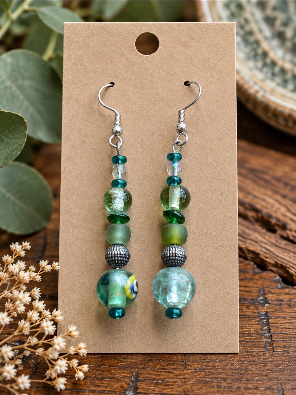 Artisan Green Glass Dangle Earrings Curated Vintage Beads 2.5”